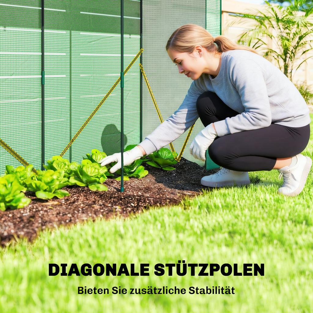 Mini Kas, Tuin Tomaten Kweekkas met Roldeur en 2 Gaasramen, PE Afdekking, 200 x 75 x 188 cm, Groen