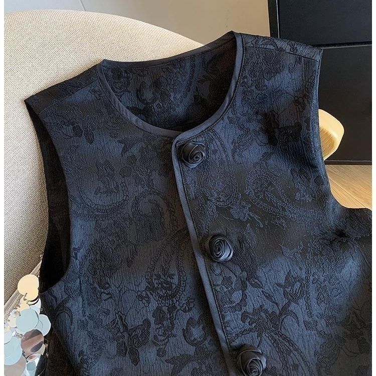 Vintage Chinese Jacquard Vest Jacket Women Spring Summer Rose Button Sleeveless Waistcoat Chic Female Top