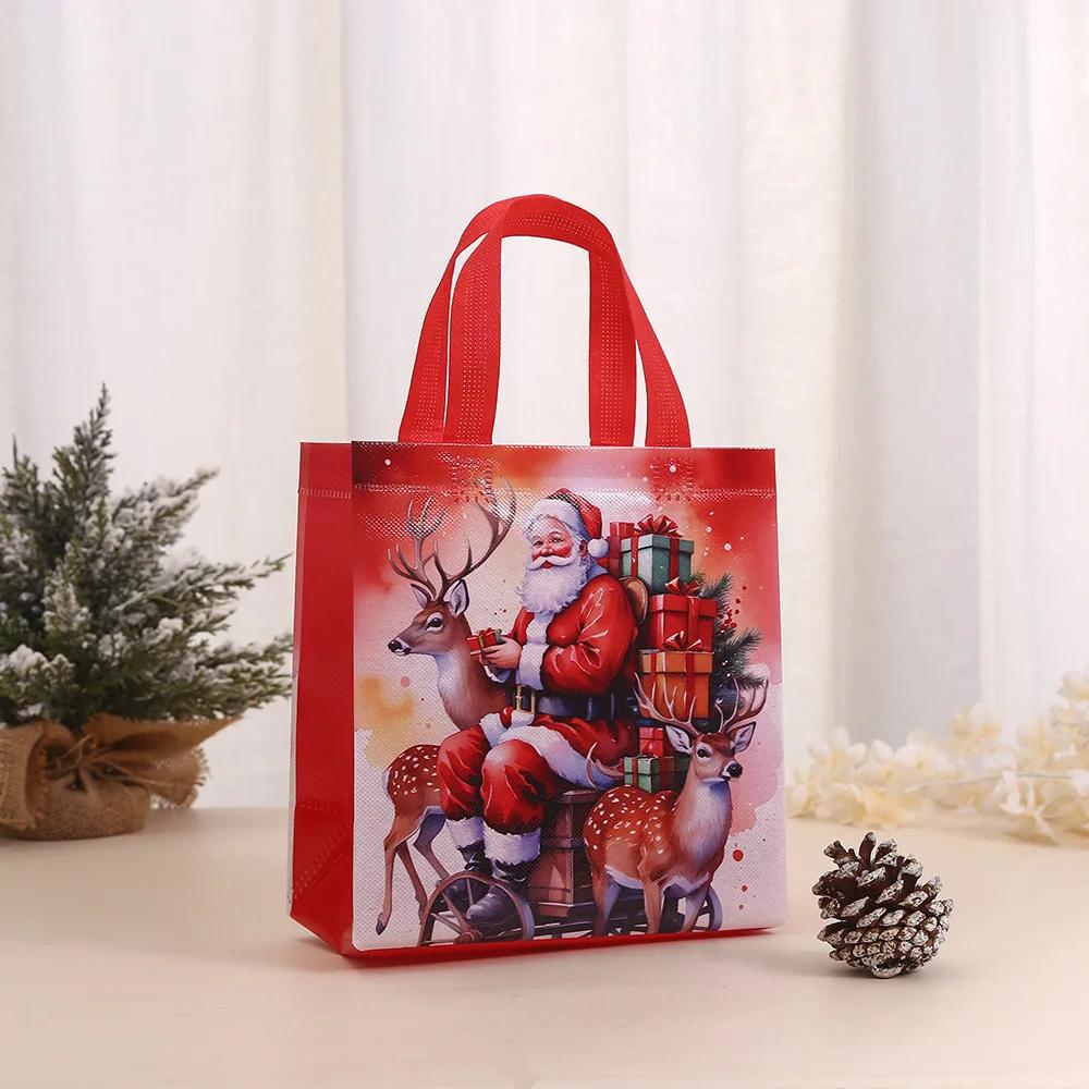 6Pcs Christmas Reusable Tote Bags Non-Woven Holiday Gift Bags Handles Santa Claus Tote Bag Christmas Decorations for Home