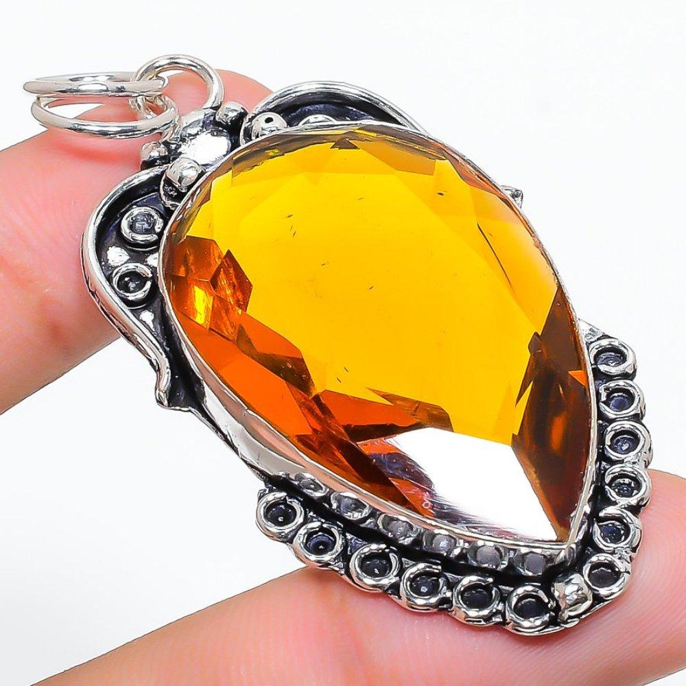 Natural Honey Topaz Gemstone Handmade 925 Sterling Silver Pendant 2.60" h6n20