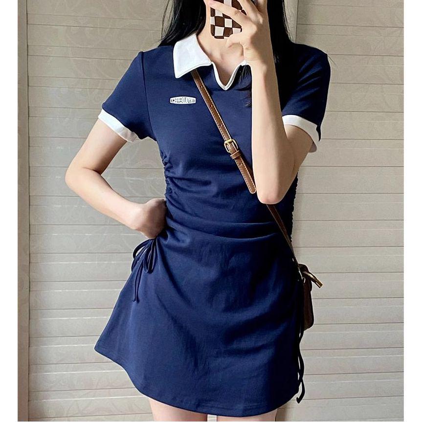 

American Retro Colorblock Preppy Polo Collar Slim Waist Summer Dress 2X Large