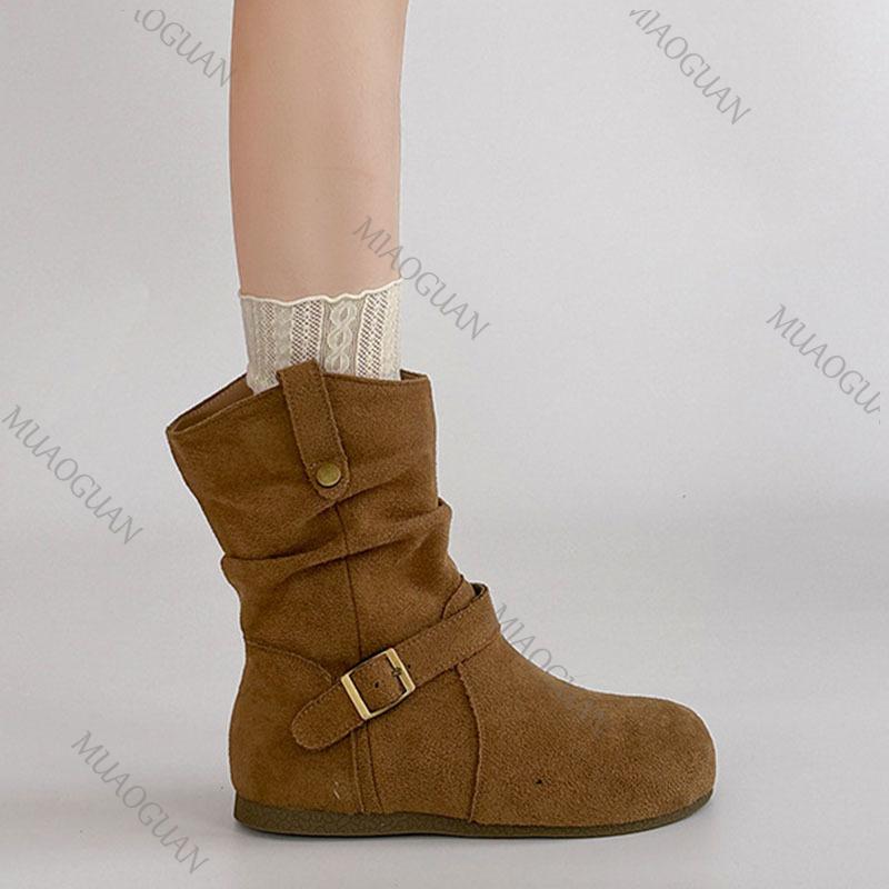 Fashion Retro Suede Buckle Western Boots Fashion Casual Ladies Flat Bottom Slip On Solid Color Short Botines Spring Autumn Women's Shoes