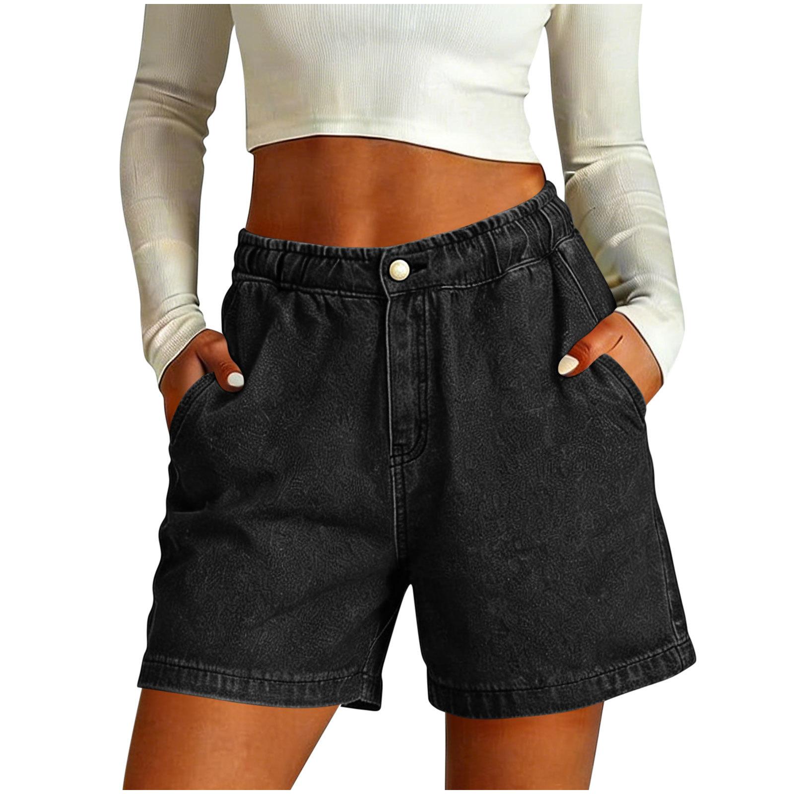

Women s Fashionable High Waisted Elastic Waistband Button Loose Pocket Denim Shorts L чёрный