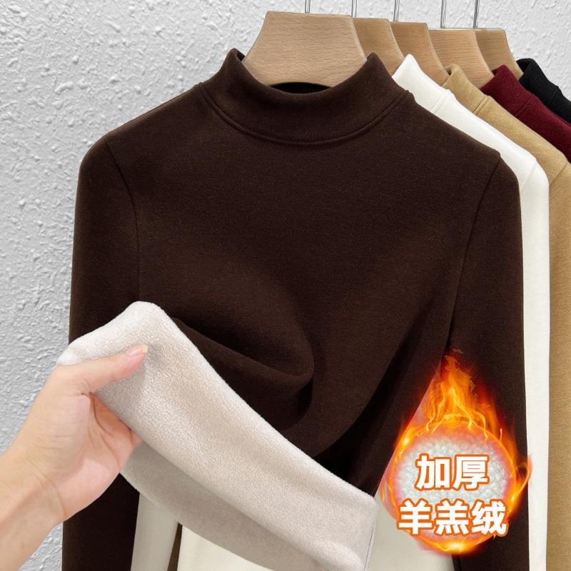 Semi-turtleneck wool bottoming shirt women's autumn and winter lamb wool with new velvet thickened warm velvet winter top