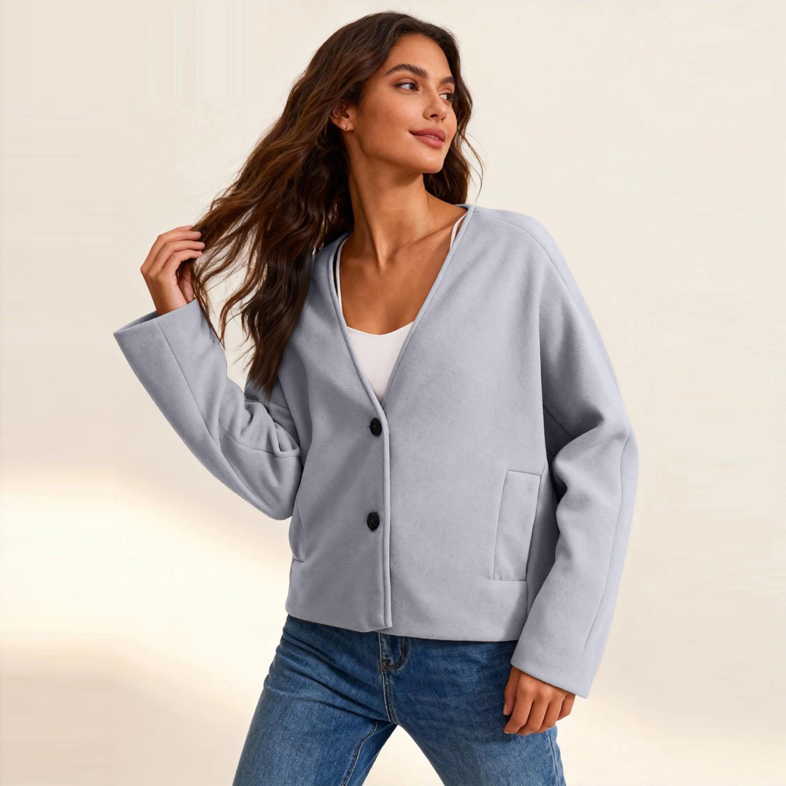 

Women s Fashion V,Neck Jacket Double,Button Wool Blend Short Coat M