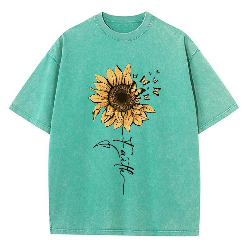 Sonnenblumen- und Schmetterlings-T-Shirt aus gewaschener Baumwolle für Damen, bedruckt, Oberteile, Sommer, O-Ausschnitt, übergroße T-Shirts, Vintage-Kleidung für schwarze Frauen