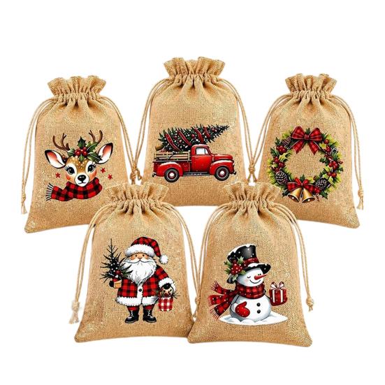 Small Fabric Gift Packaging Christmas Jute Burlap Bags, Drawstring Treat Candy Reusable Pouches Bag, Linen Pouch for Holiday Party Favors Storage