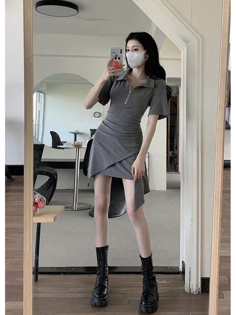 2026 Stylish Young Women's Irregular Slimming Polo Dress with Waist-Cinching Skirt
