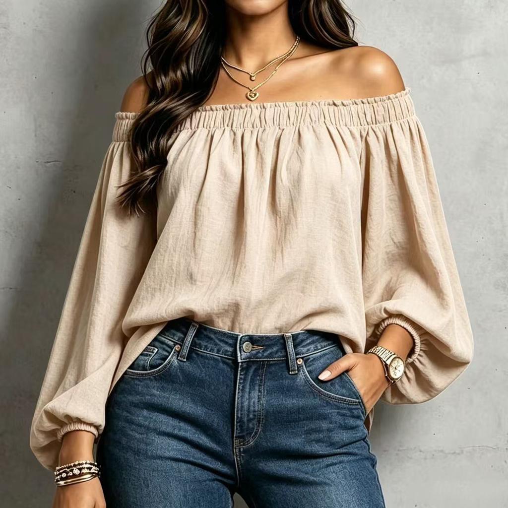 European and American new models, lanterns, long sleeves, off-the-shoulder and thin, versatile commuter pullover for women