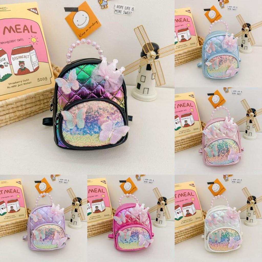 Backpack Kids Sequined With Faux Pearl Handheld Lace Bow And Butterfly Decor