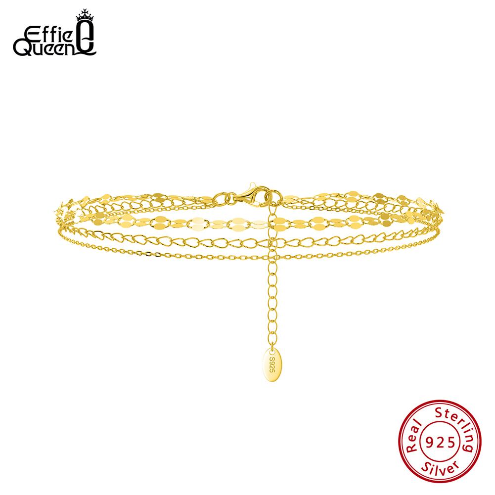 Effie Queen 925 Sterling Silver Layered Link Chain Anklets Bracelet Muti-layer Foot Leg Anklet Beach Jewelry Adjustable SA58