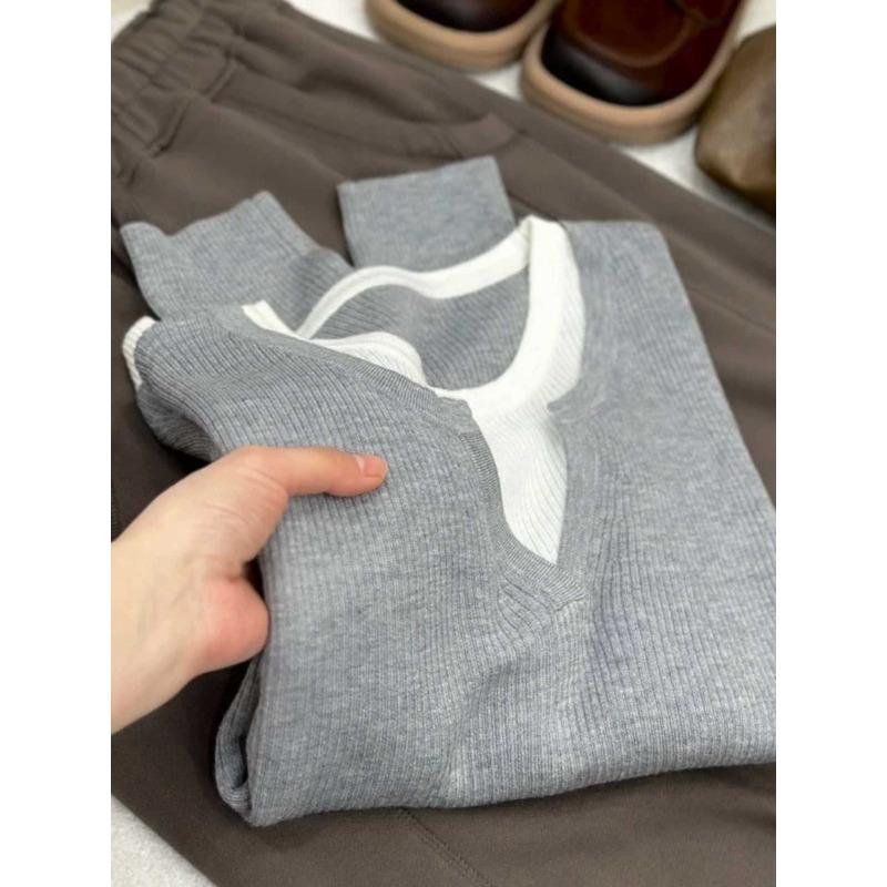 Soft waxy contrasting color fake two-piece neck knitted sweater women's spring, autumn and winter new versatile casual top