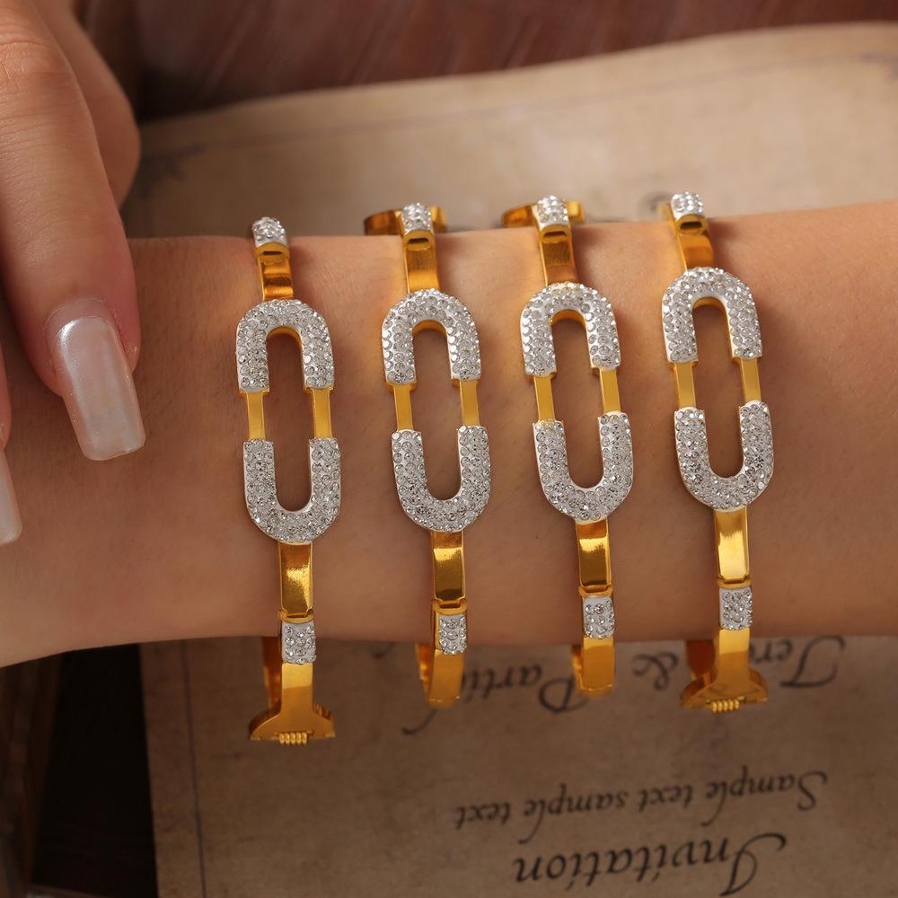 Simple Full Diamond Titanium Steel Gold-plated Bracelet Geometric Paperclip Love Retro Personality Non-fading Bracelet