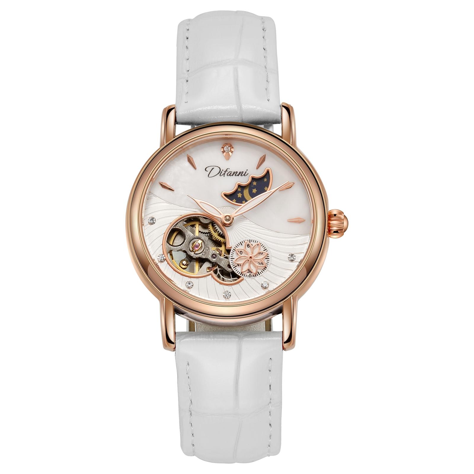 

Dulunwe Женские автоматические механические часы с фазами Луны, кожаный ремешок, автоматический завод, перламутровый скелетонированный циферблат, водонепроницаемые женские наручные часы