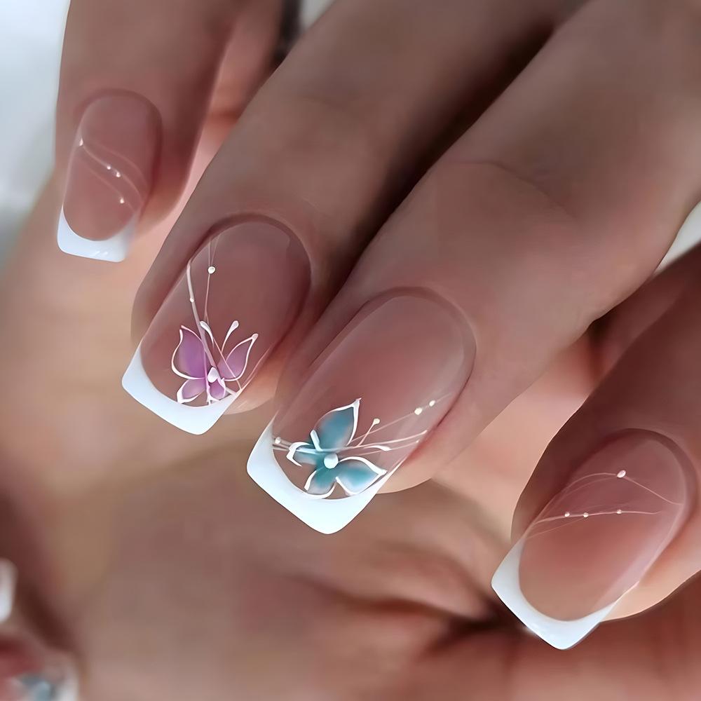 24pcs/set Short Saure Fake Nails for Spring Summer Season French Style Flowers Butterfly Design Press On False Nail Art Tips