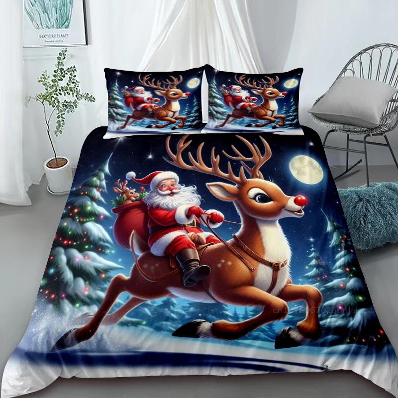 Cartoon Santa Claus Duvet Cover Elk Christmas Bedding Set With Zipper 1 Duvet Cover 2 Pillow Case Queen King Bedroom Decor