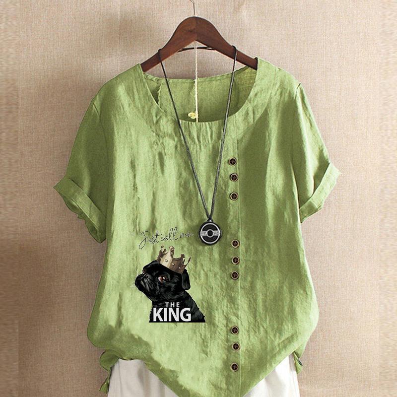 

Женская модная футболка с круглым вырезом и короткими рукавами с милой короной и собакой, повседневная хлопково-льняная рубашка с рисунком, свободная летняя блузка для отдыха, топы больших размеров 5XL зелёный