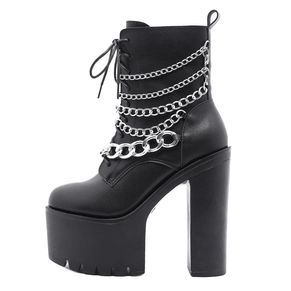 Plus Size 35-42 Autumn Winter Gothic Women Ankle Boots Fashion Metal Chain PU Leather Female Short Boots Punk Style Ladies Shoes