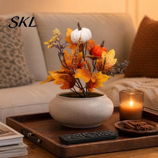 Rustic Autumn Floral Display Artificial Fall Bouquet with Fabric Pumpkins Maple Leaves Wheat Berries, Home Decor for Thanksgiving Centerpieces,