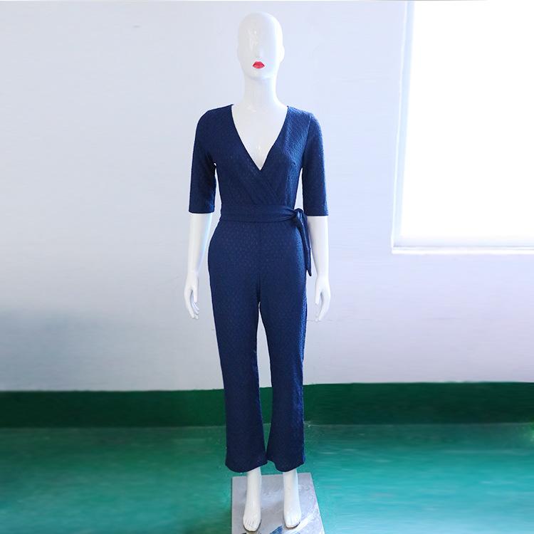 

Женский весенний сексуальный кружевной комбинезон с V-образным вырезом и рукавами среднего размера с принтом и брюками XL темно-синий