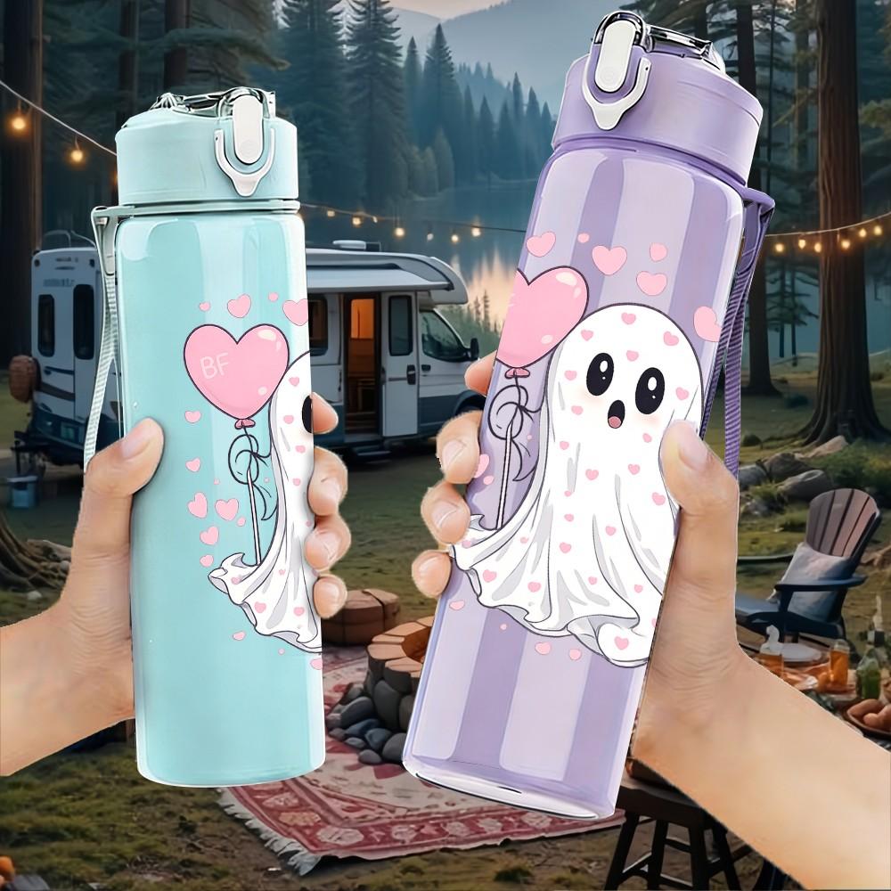 1PC Little White Ghost With Heart Print 750ml Color Plastic Sports Water Bottle Leakproof Flip Straw Lid Suitable for Sports Office Home Use