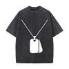 Blank Double Dog Tags Minimal Outline Design Washed Vintage Short Sleeve Loose Streetwear Tee