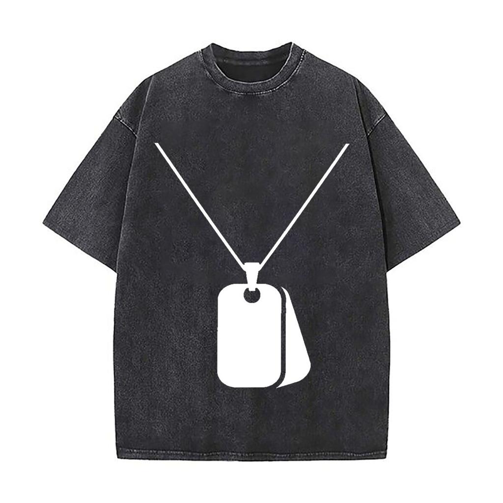 Blank Double Dog Tags Minimal Outline Design Washed Vintage Short Sleeve Loose Streetwear Tee