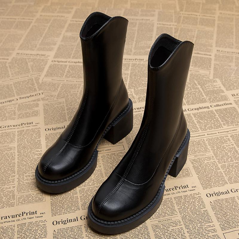 

High Heels Women Ankle Boots Fashion Chunky Dress Shoes Winter Pumps Chelsea Boots New Leather Elegant Walking Mujer Botas 42