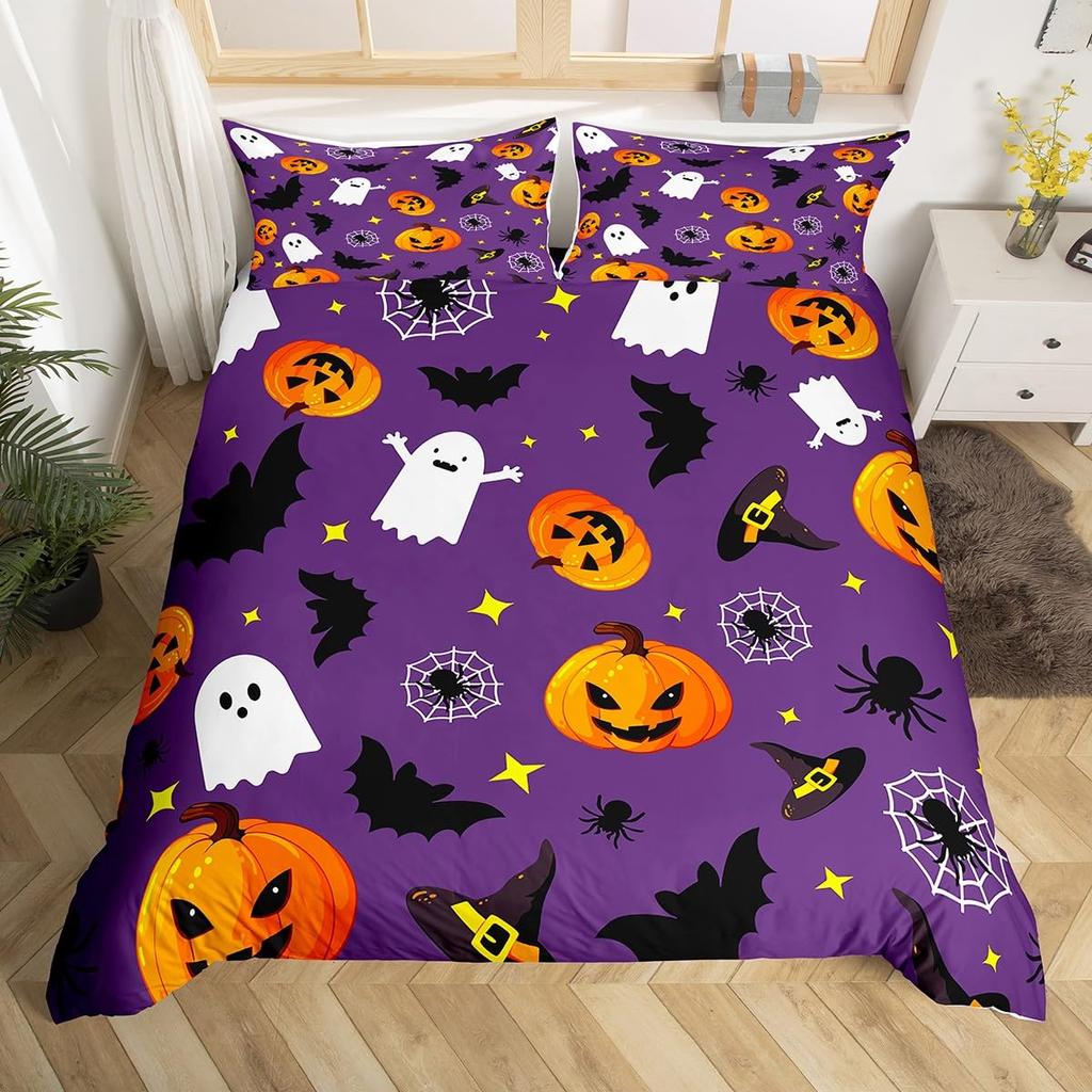 Cute Ghost Duvet Cover Halloween Theme Yellow Bedding Set Pumpkin Lantern Floral Ghosts Comforter Cover Polyester Quilt Cover