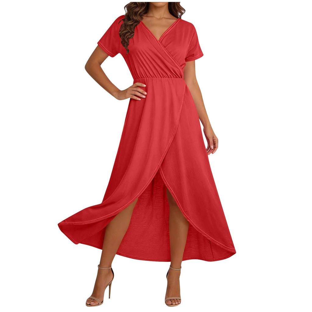 Women's Elegant Loose-Fit V-Neck Short-Sleeve Flowing Resort Dress