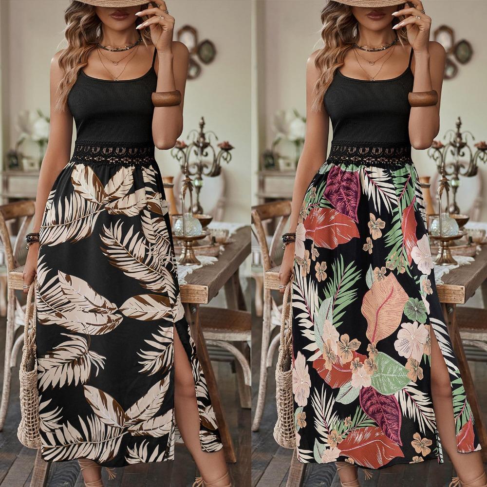 Dam Vår Enfärgad Tryck Ärmlös Hängslen Klänning Sommar Casual A-linje Hög Midja Axelbandslös Camisole Långa Klänningar XS-XL