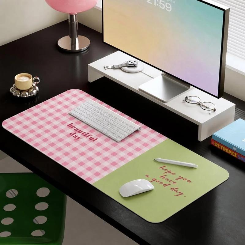Cute Pink Green Plaid Printed Large Desk Mat Waterproof Non Slip For Home Office Work Study Gaming