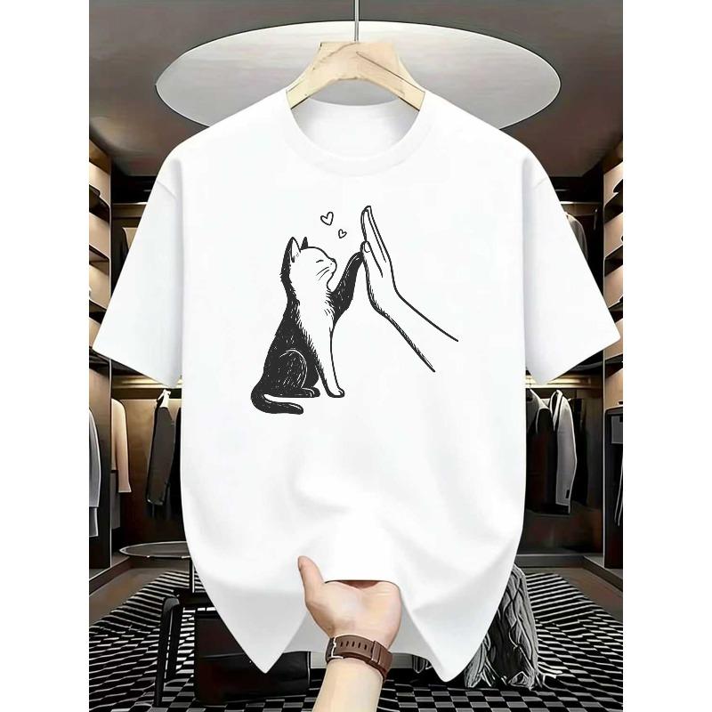European Size Cat Paw & Heart Graphic Print Casual T-Shirt | Soft Stretch Round Neck Short Sleeve Top for Spring Summer, Machine Washable