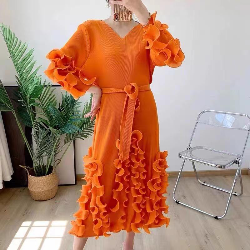 Pleated Ruffle Long Dress - 2025 Women's Spring/Autumn Slimming Loose Fit