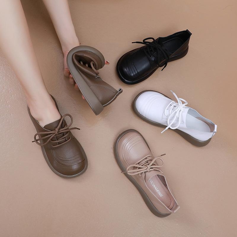 Fashion GKTINOO Genuine Cow Leather Loafers Soft Sole Flats Women Shoes 2024 Autumn Round Toe Lace Up Casual Sneakers Large Size