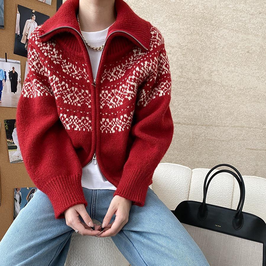 Korean Style High Neck Retro Jacquard Sweater Women's Double Zipper Knit Cardigan
