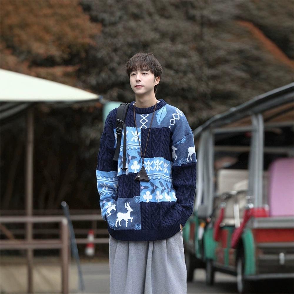 

Men s Winter Casual Color Block Knit Sweater M абрикосовый