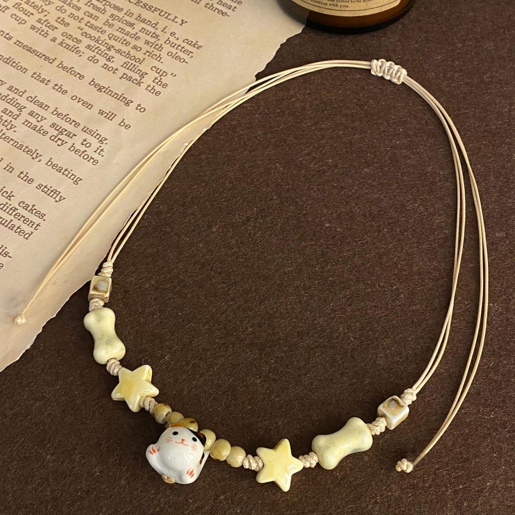 Sladký keramický kočičí hvězdný pletený lanový náhrdelník menšinový design sladký retro sladký cool dívčí náhrdelník módní šperky