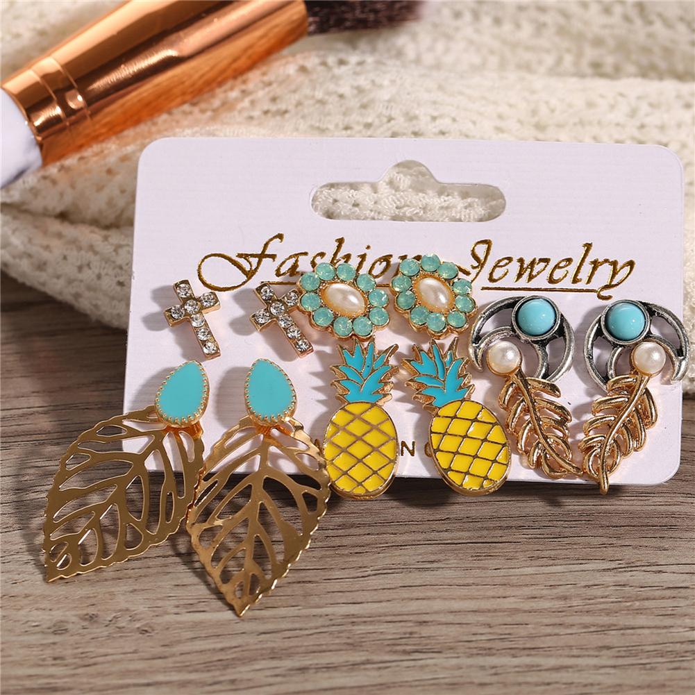 6Pairs/Set Alloy Jewelry Bohemian Vintage Style Ear Stud Pineapple Earring Set Flower Leaves