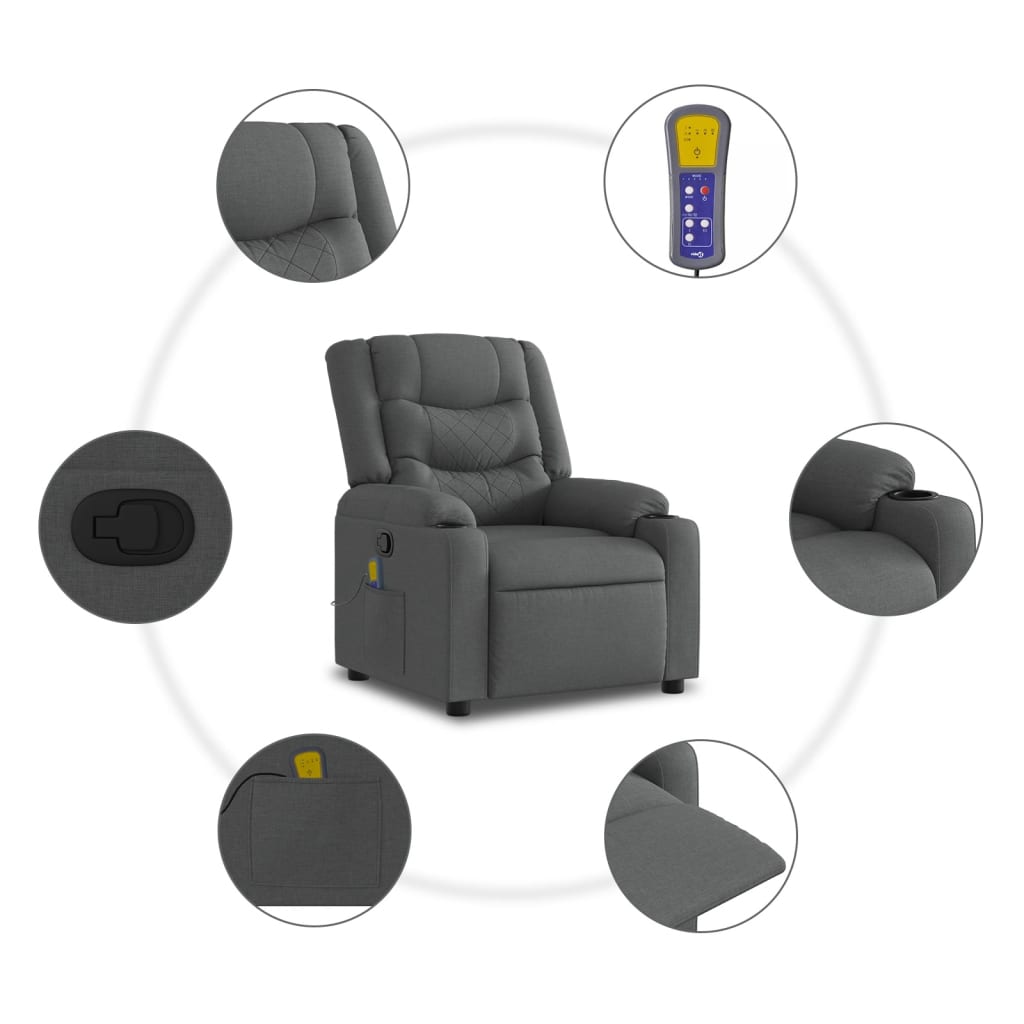 Massage Recliner with Rising Function Dark Grey Fabric
