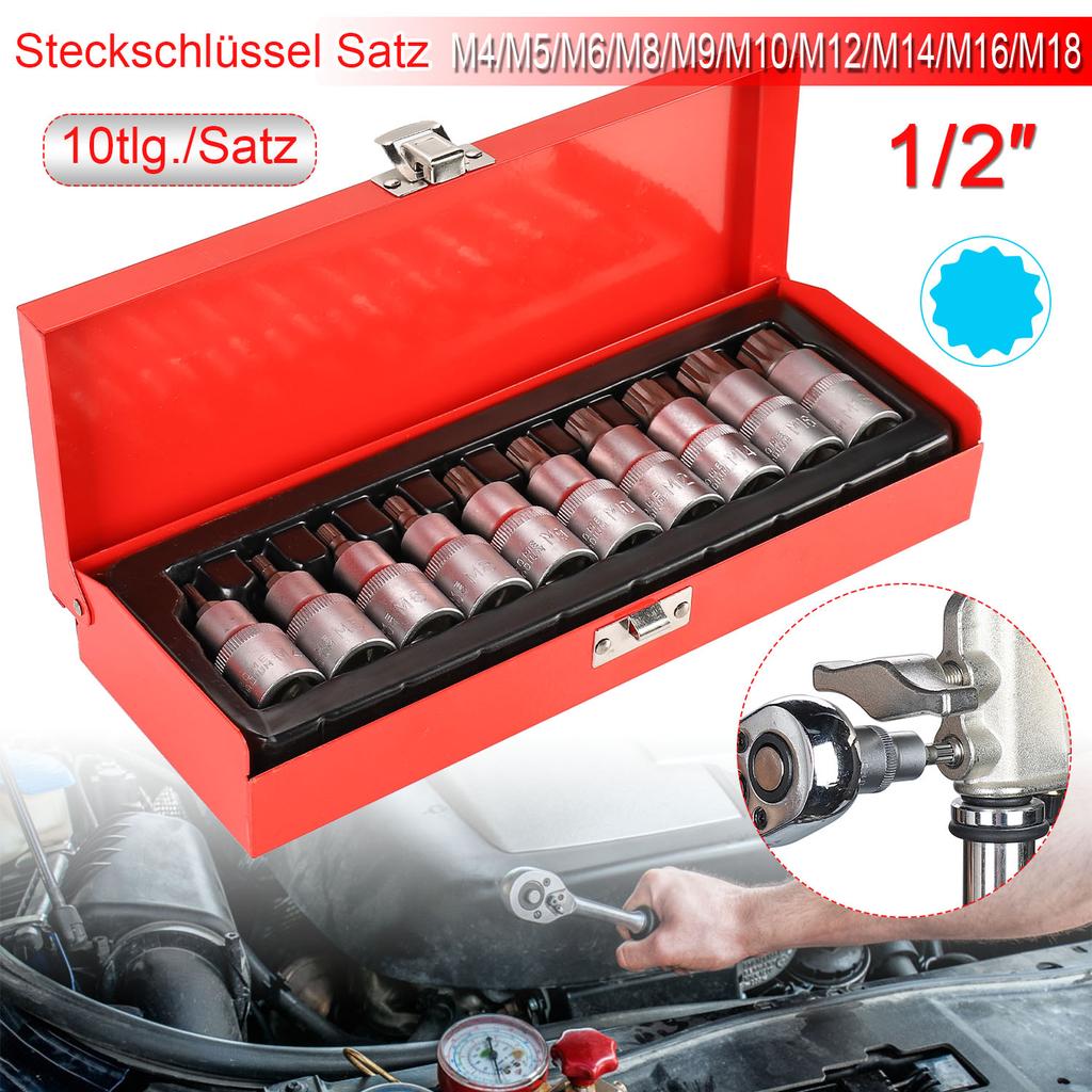 10 Piece Multitooth Sleeve Set 1/2 Drive Sockets for All Nuts and Bolts Chrome Vanadium Steel Construction Convenient Storage