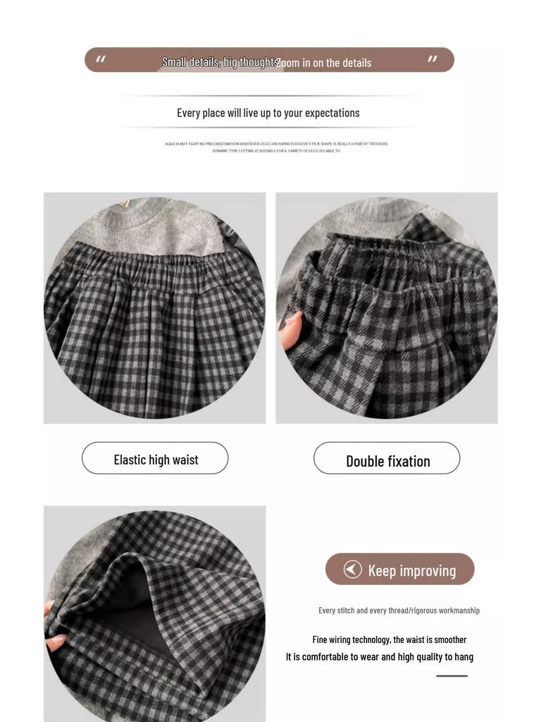 Black & Gray Wide-Leg Plaid Wool Pants, XS, High-Waisted, Petite Fit, Retro Style for Autumn/Winter