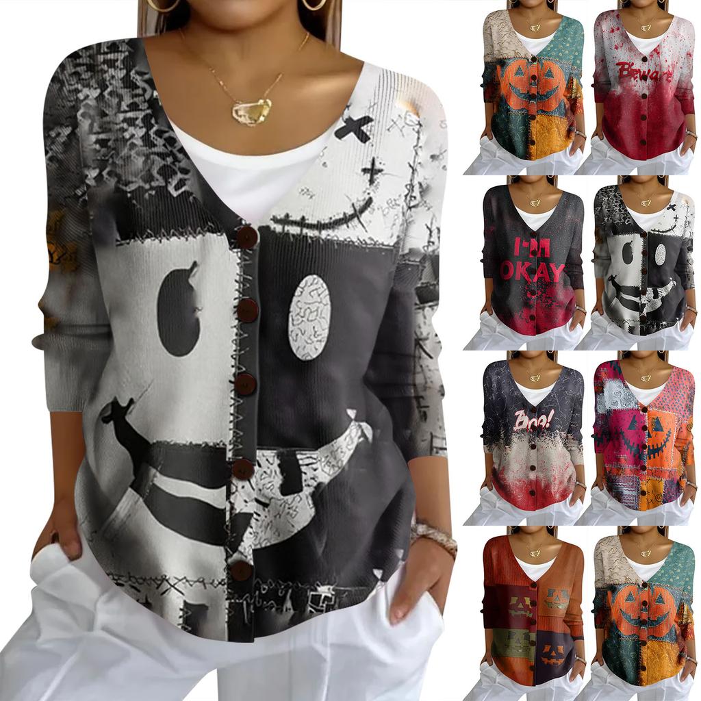 Women's Fashion Casual Knit Sweater Button-Up Halloween Printed  Cardigan Jacket