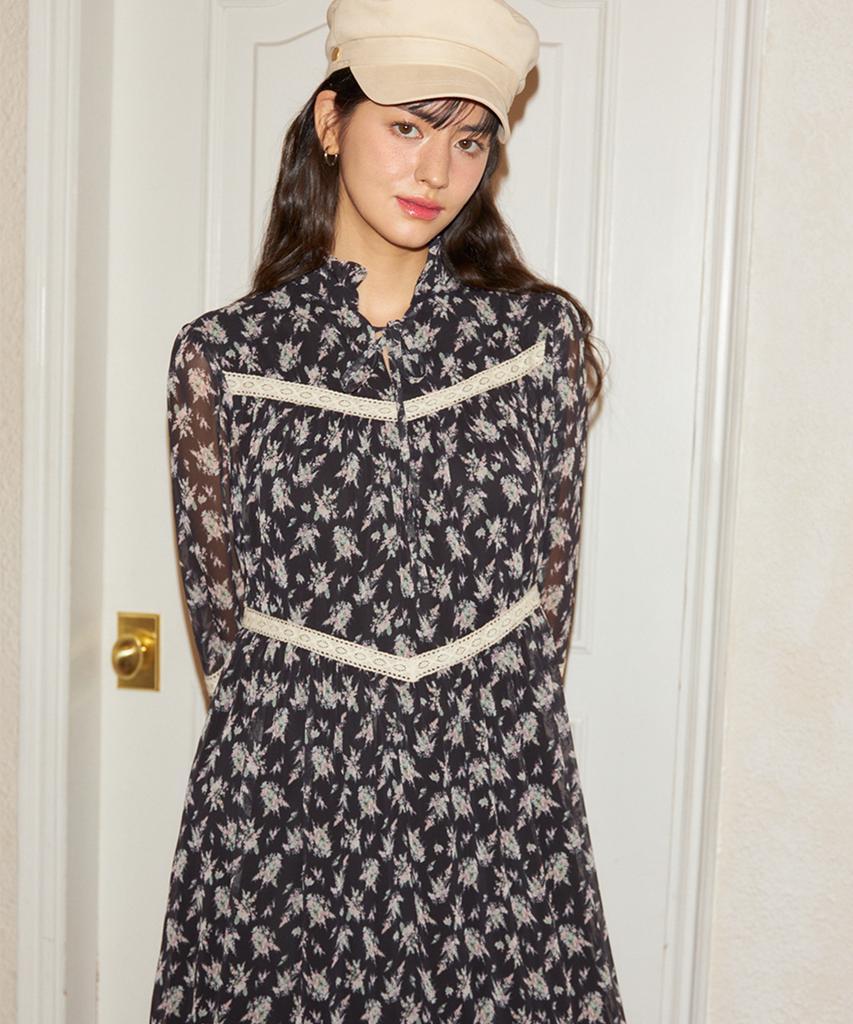 SALON DE YOHN Chiffon Lace Long Dress_ Black