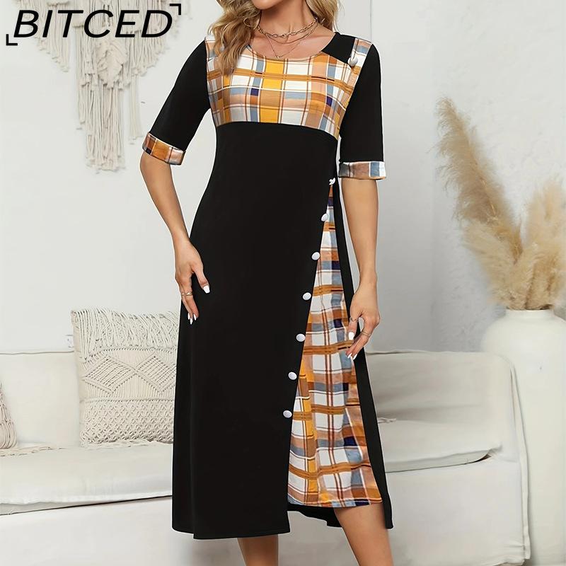 

BITCED Women s Long Dress O-Neck Contrast-Color Mid-Sleeve Asymmetric Maxi Dress XXXXXL чорний