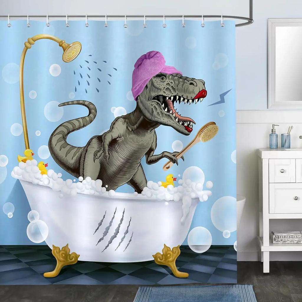 Funny Cat Shower Curtain, Dinosaur Cat Dog Animal Shark Funny Ocean Coral Goldfish Bathtub Bubbles Kids Cartoon Bathroom Decor