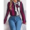 New Style Contrasting Color Striped Lace-up Lantern Sleeve Chiffon Top