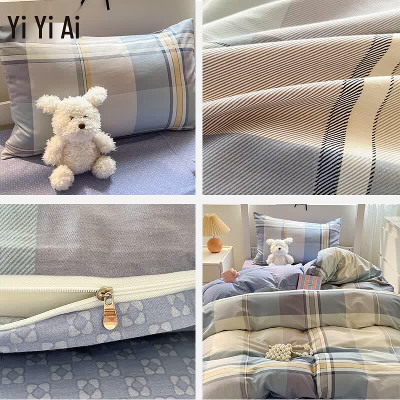 Yiyiai Simple Plaid Cotton 3-Piece Flat Sheet Set