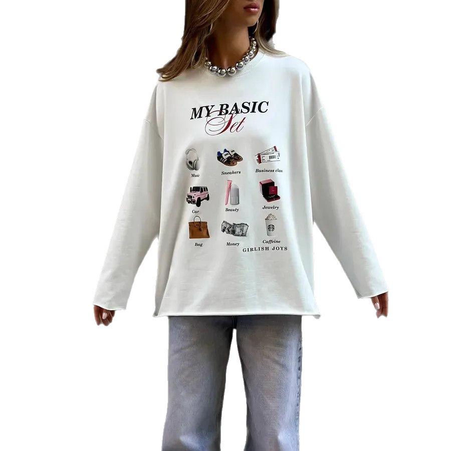 2025 Early Autumn Trendy Loose-Fit Long-Sleeve T-Shirt for Women - European & American Style, Pure Cotton, Fun Print