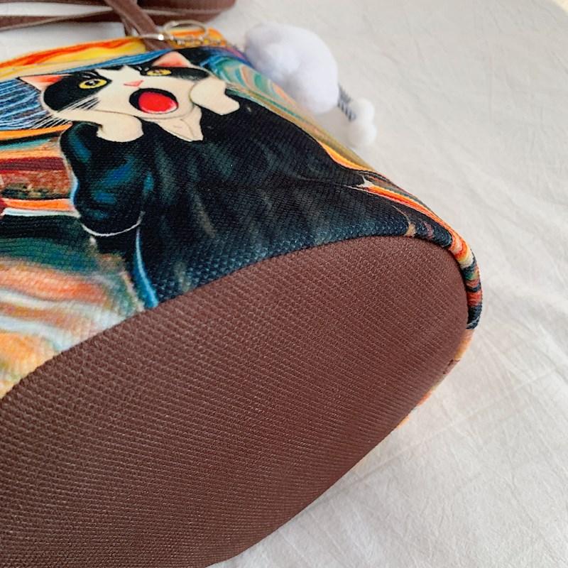 Women Handbag Lovely Cartoon Printed Bucket Bag Portable Cylinder Bag Canvas Tote Bag Students Carry Lunch Bags for Girls